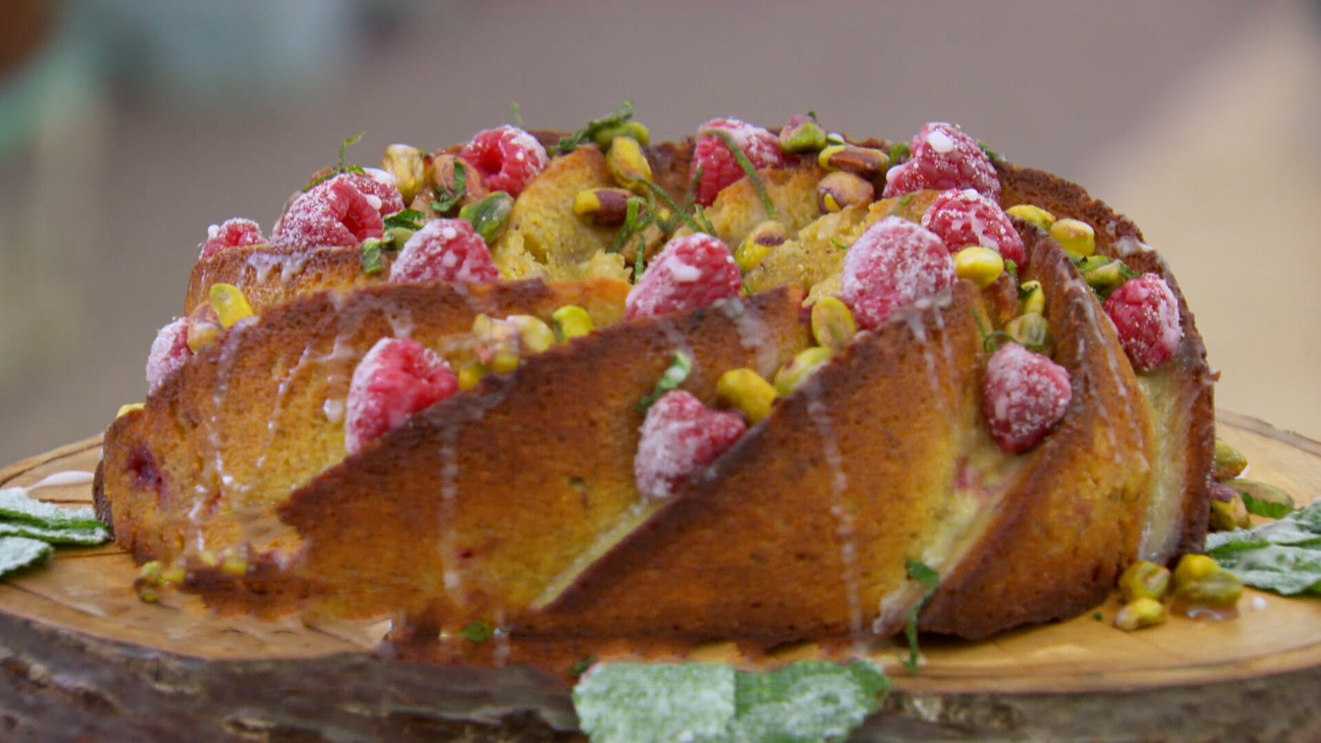 Raspberry and Rhubarb Drizzle Cake with Custard | Great… | PBS Food